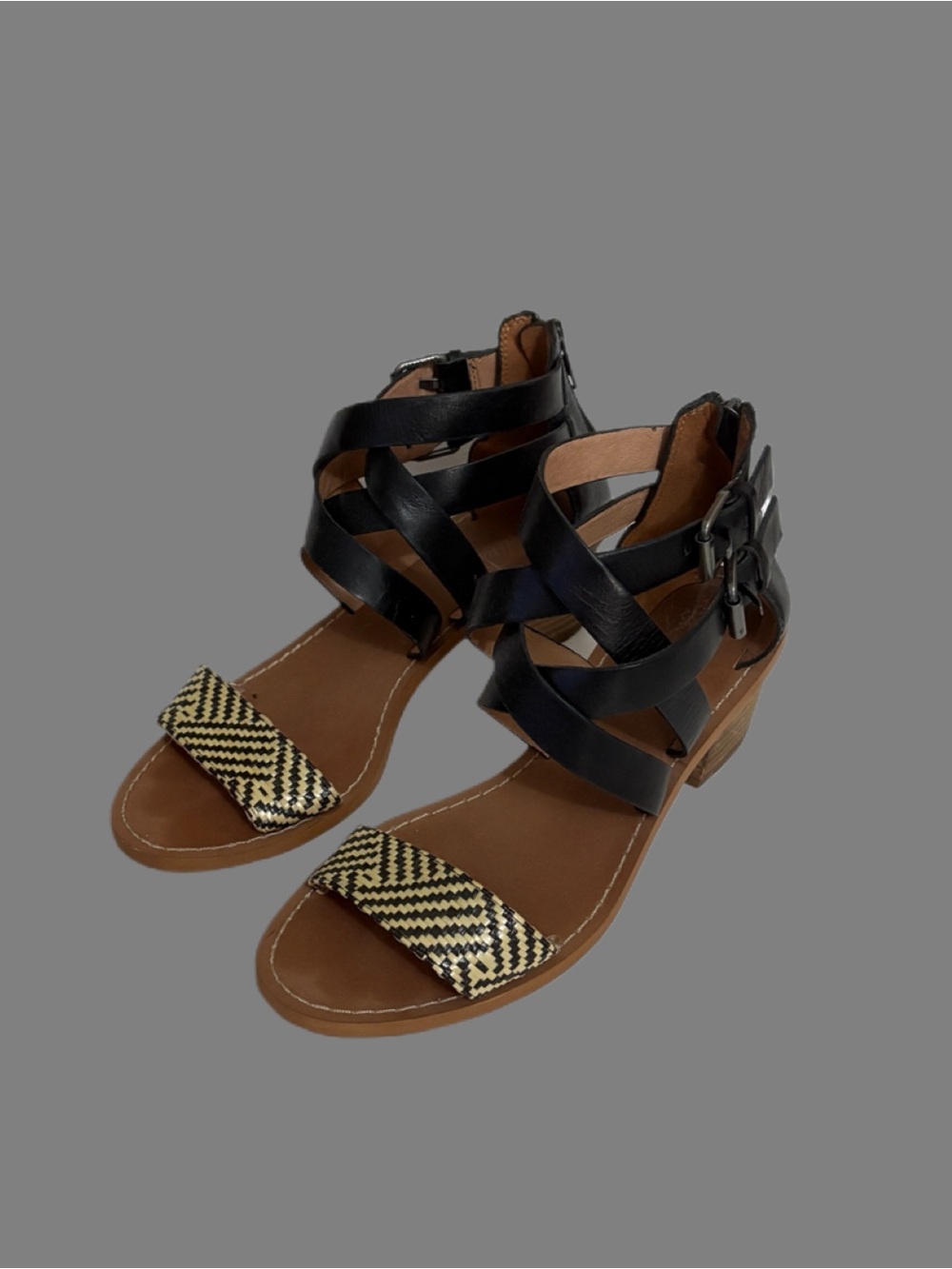 Madewell Black Strappy Sandals with Woven Tan Accent